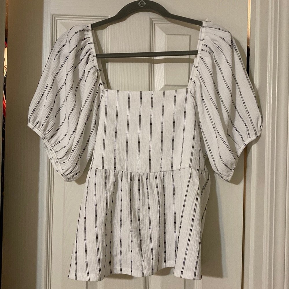 Puff sleeve black and white striped madewell baby doll shirt